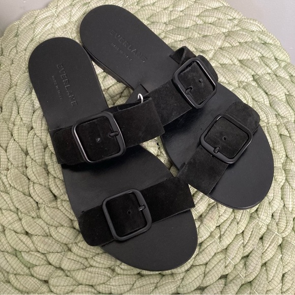Everlane The Modern Buckle Black Suede Double Strap Flat Slip On Sandal - Picture 3 of 8